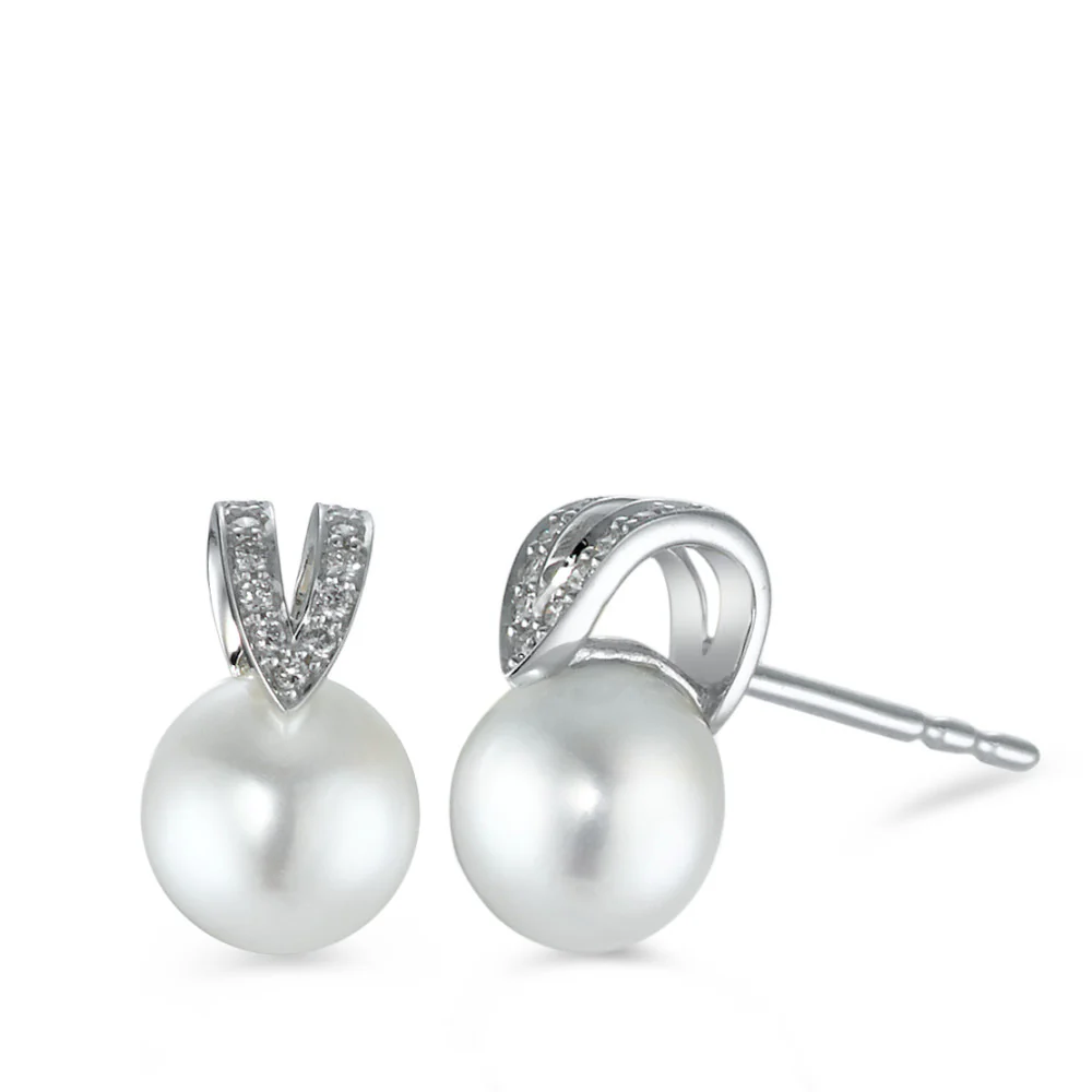 Orecchini a bottone Oro bianco 750/18 carati Diamante 0.07 ct, 22 pietra, [Brillant], w-si Perla coltivata d'acqua dolce 6.5-7 mm