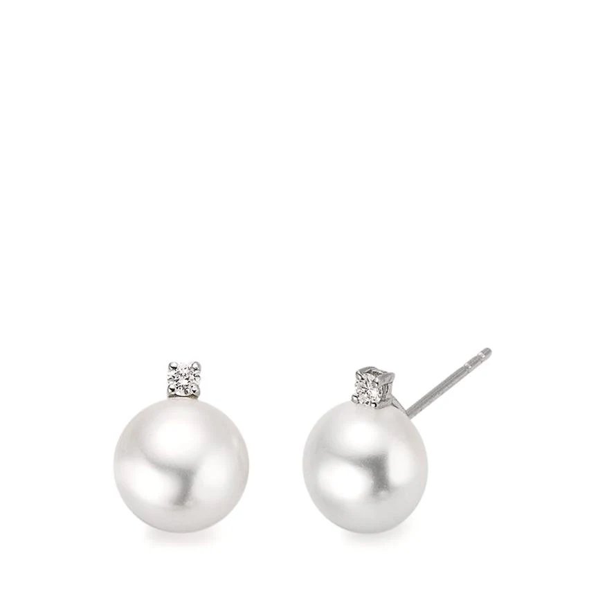 Orecchini a bottone Oro bianco 750/18 carati Diamante 0.09 ct, 2 pietra, w-si Perla coltivata d'acqua dolce bianco, 2 Perla, 9 mm