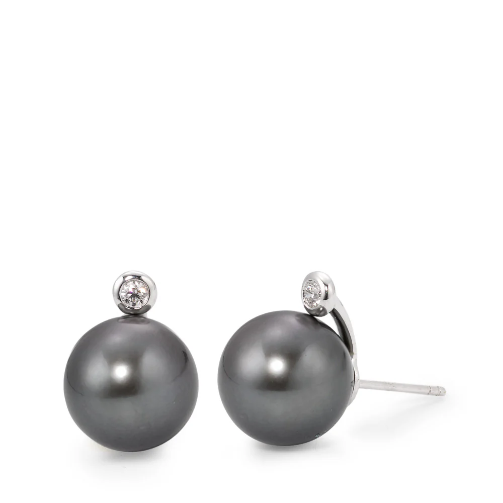 Orecchini a bottone Oro bianco 750/18 carati Diamante 0.09 ct, 2 pietra, w-si Perla di Tahiti Grigio, 2 Perla, 12 mm
