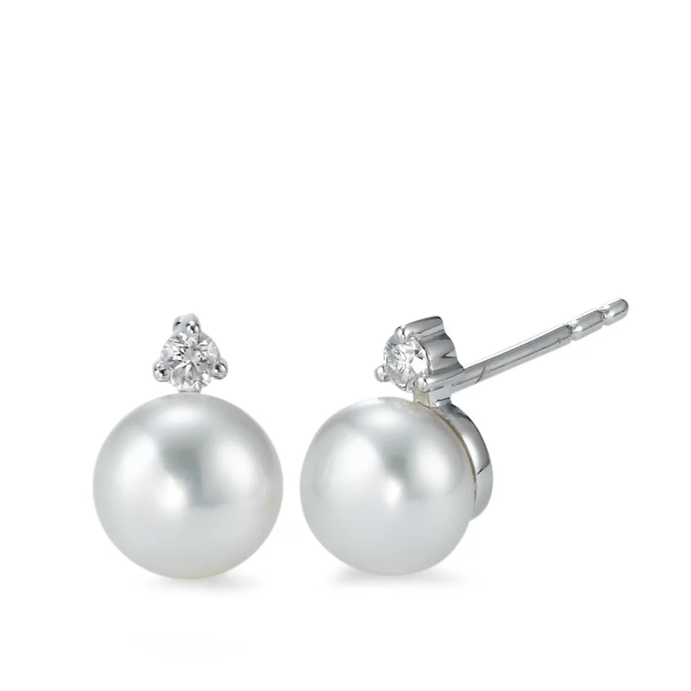 Orecchini a bottone Oro bianco 750/18 carati Diamante 0.10 ct, 2 pietra, w-si Perla coltivata d'acqua dolce bianco, 2 Perla, 7 mm