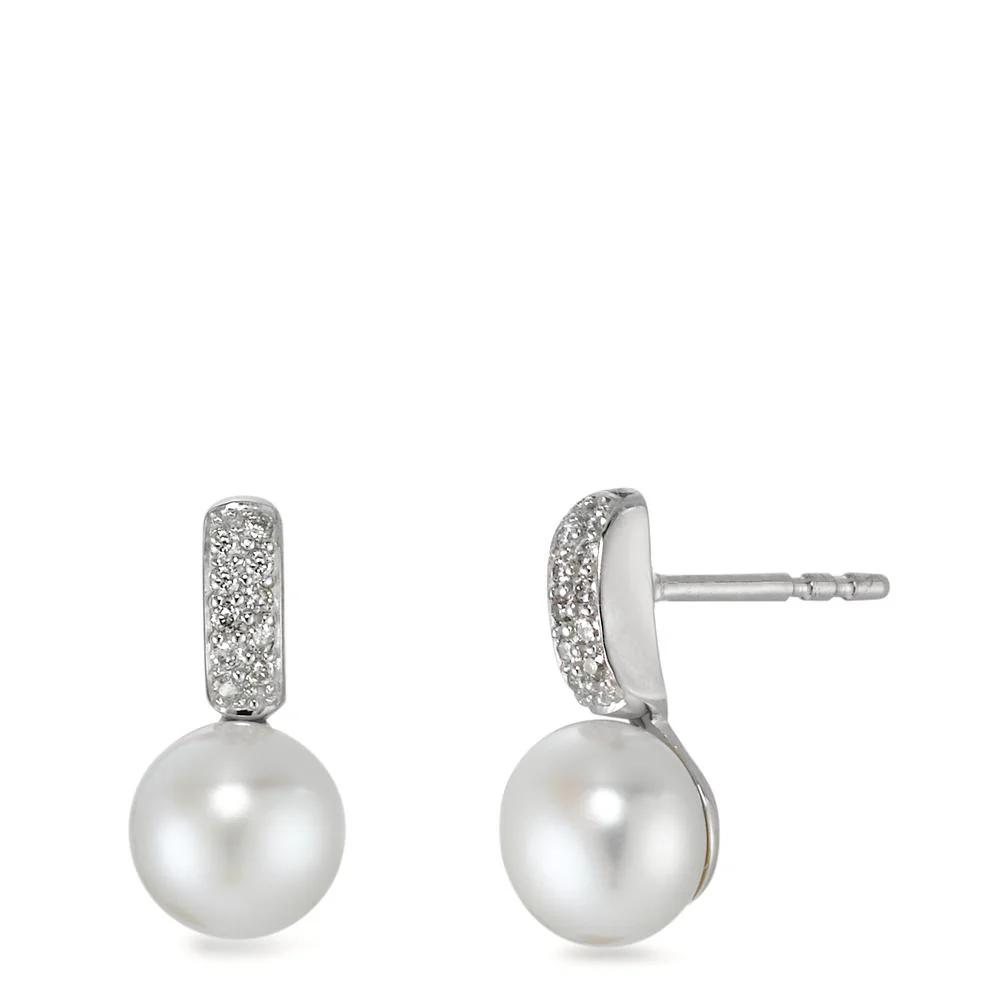 Orecchini a bottone Oro bianco 750/18 carati Diamante 0.10 ct, 20 pietra, w-pi1 Perla coltivata d'acqua dolce bianco, 2 Perla, 6 mm