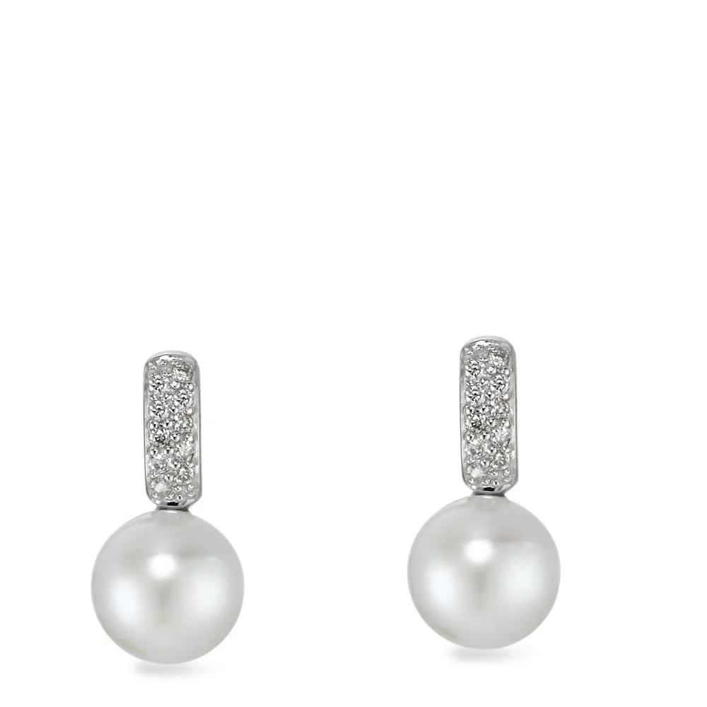 Orecchini a bottone Oro bianco 750/18 carati Diamante 0.10 ct, 20 pietra, w-pi1 Perla coltivata d'acqua dolce bianco, 2 Perla, 6 mm - Image 3