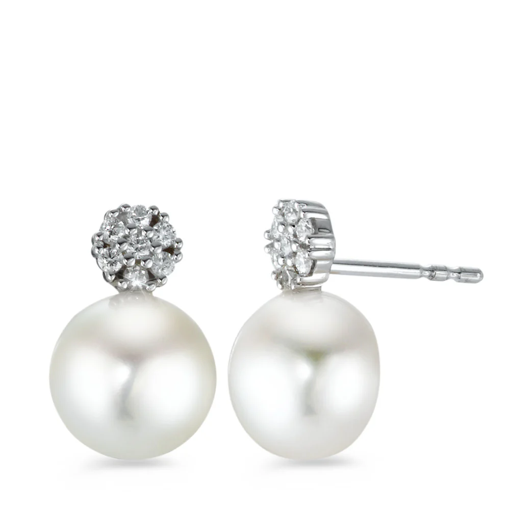 Orecchini a bottone Oro bianco 750/18 carati Diamante 0.14 ct, 14 pietra, [Brillant], w-si Perla coltivata d'acqua dolce 8.5-9 mm