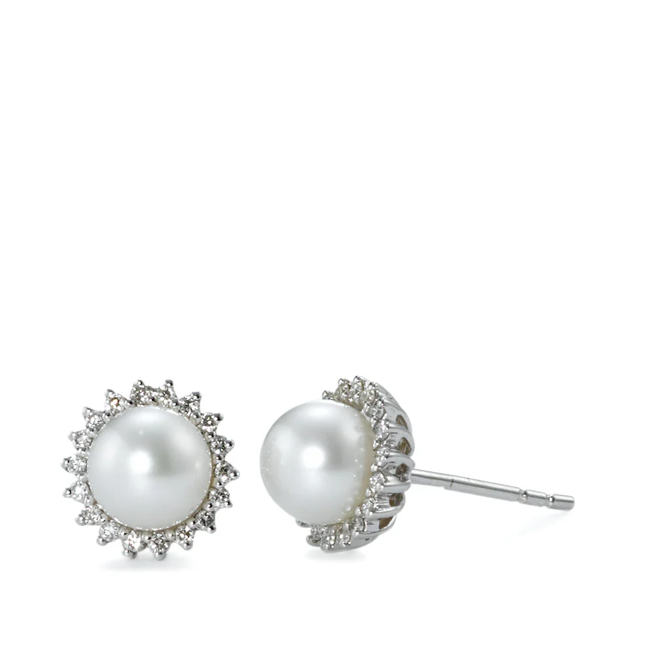 Orecchini a bottone Oro bianco 750/18 carati Diamante 0.17 ct, 36 pietra, w-si Perla coltivata d'acqua dolce bianco, 36 Perla, 8.5 mm Ø8.5 mm