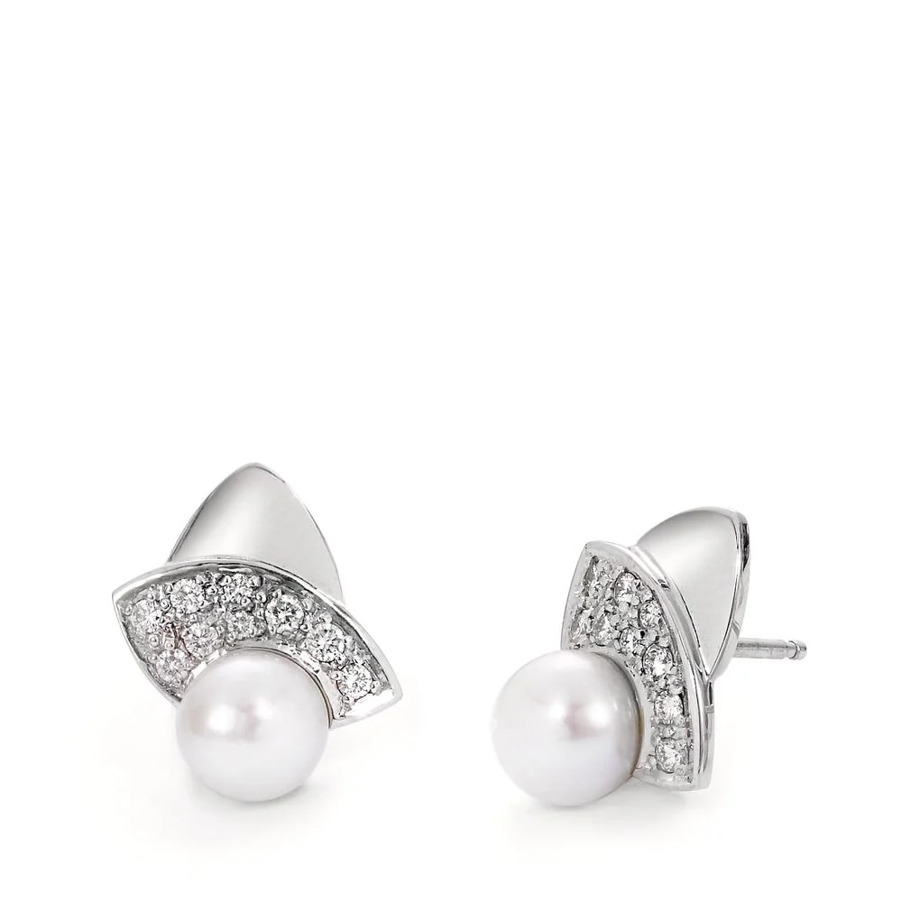 Orecchini a bottone Oro bianco 750/18 carati Diamante 0.30 ct, 18 pietra, w-si Perla coltivata d'acqua dolce bianco