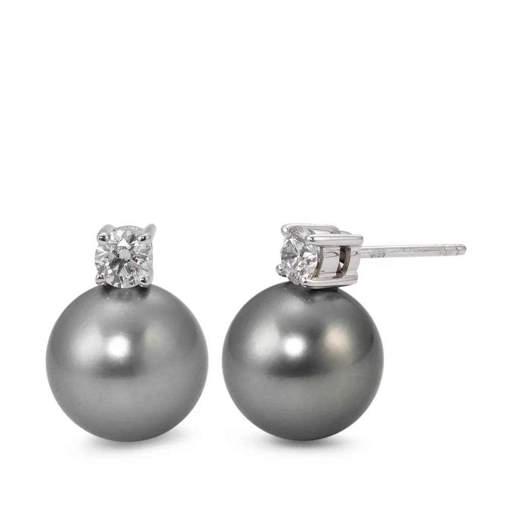 Orecchini a bottone Oro bianco 750/18 carati Diamante 0.46 ct, 2 pietra, w-si Perla di Tahiti, 2 Perla, 11 mm