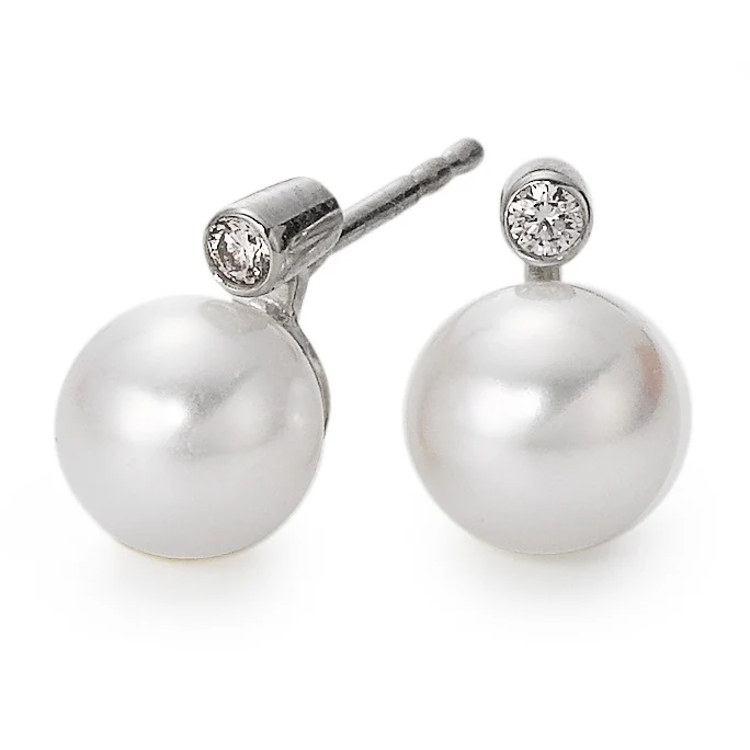 Orecchini a bottone Oro bianco 750/18 carati Diamante bianco, 0.035 ct, 2 pietra, si Perla coltivata d'acqua dolce bianco, 2 Perla, 6.5 mm