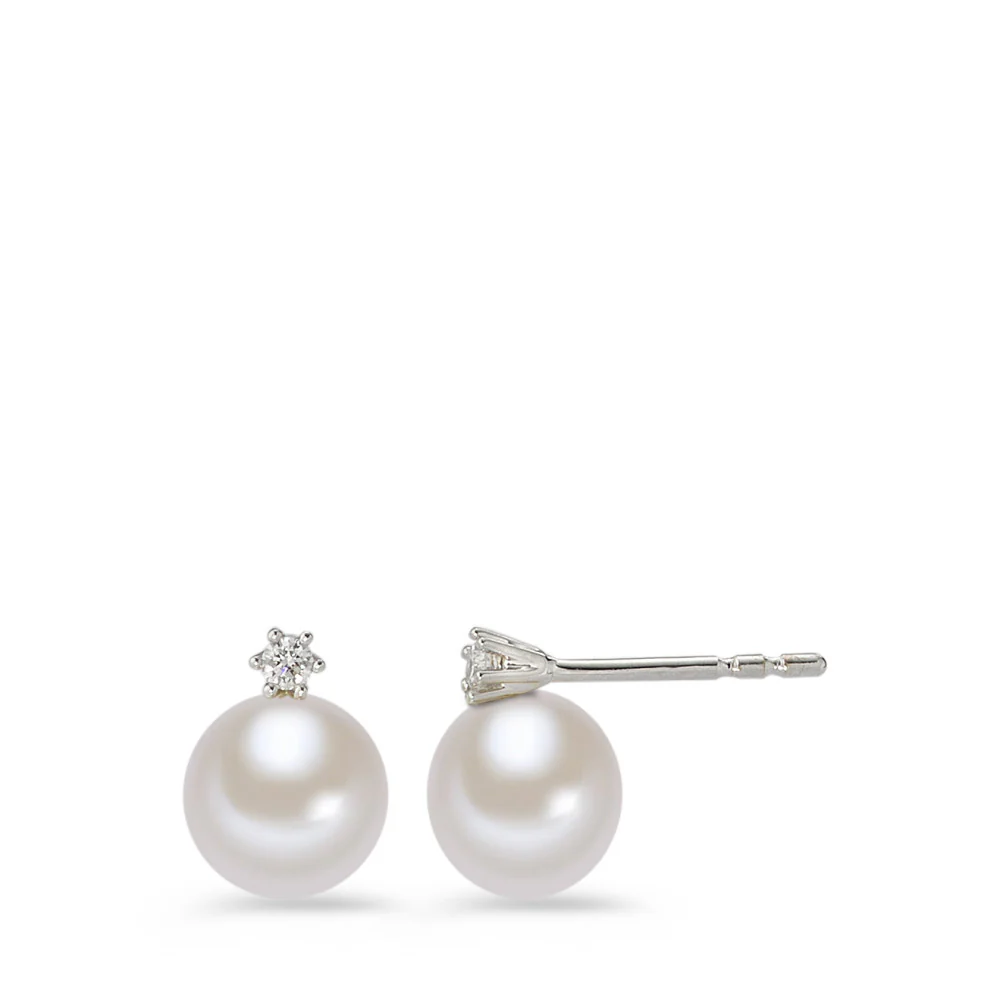 Orecchini a bottone Oro bianco 750/18 carati Diamante bianco, 0.05 ct, 2 pietra, [Brillant], w-si Perla coltivata d'acqua dolce bianco, 2 Perla 6.5-7 mm