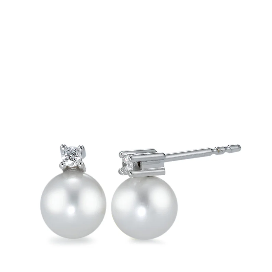 Orecchini a bottone Oro bianco 750/18 carati Diamante bianco, 0.07 ct, 2 pietra, [Brillant], w-si Perla coltivata d'acqua dolce bianco, 2 Perla, 7 mm