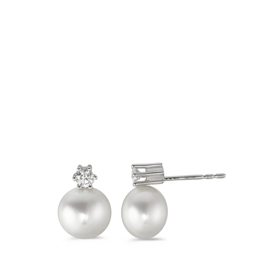 Orecchini a bottone Oro bianco 750/18 carati Diamante bianco, 0.20 ct, 2 pietra, [Brillant], w-si Perla coltivata d'acqua dolce bianco, 2 Perla, 9 mm