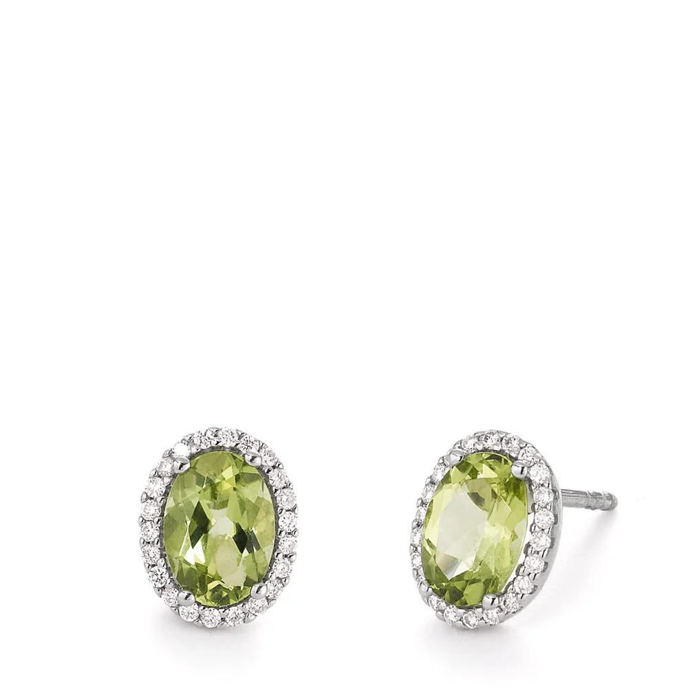 Orecchini a bottone Oro bianco 750/18 carati Peridoto verde, 2 pietra, [oval], Diamante bianco, 0.18 ct, 44 pietra, tw-vsi