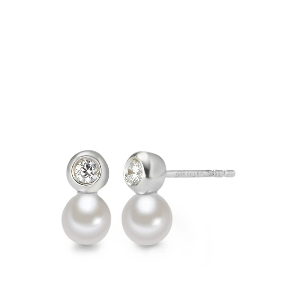 Orecchini a bottone Oro bianco 750/18 carati Perla coltivata d'acqua dolce bianco, 5 mm Ø4 mm