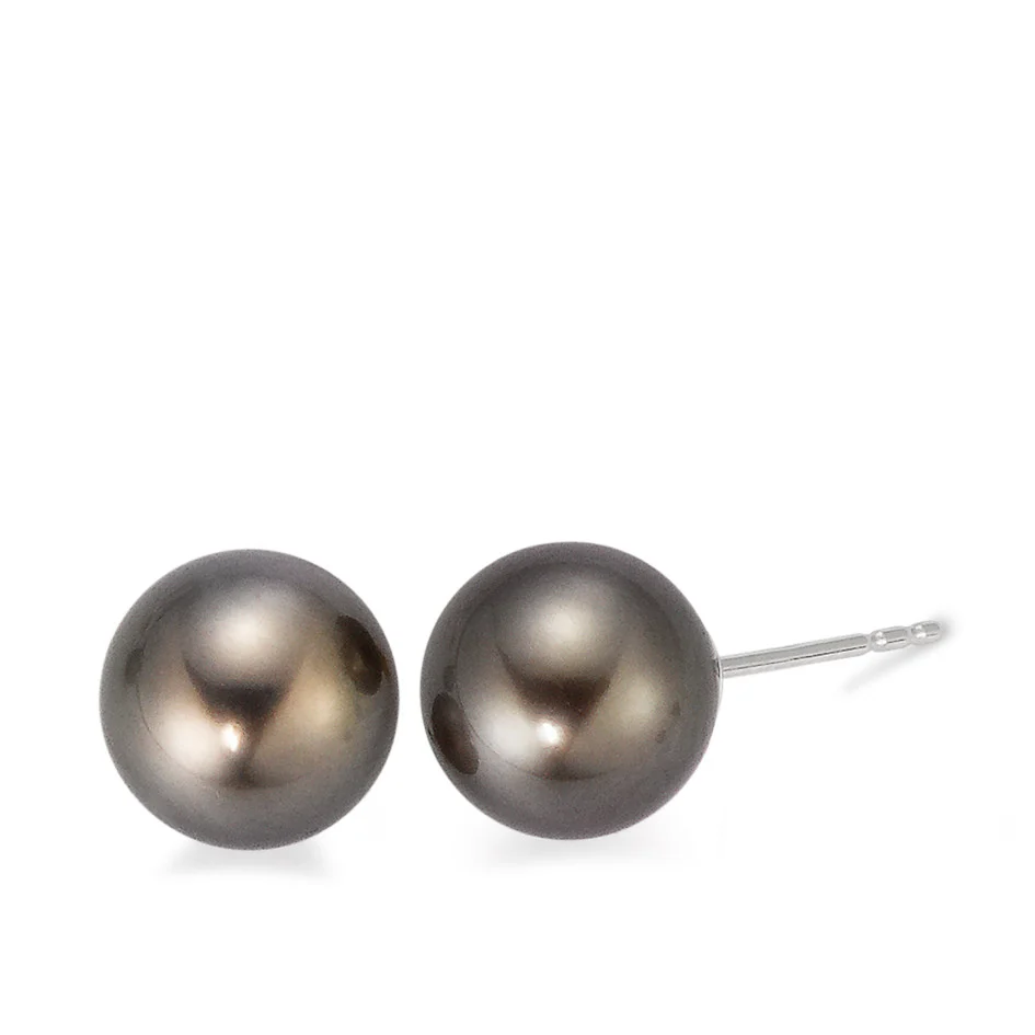 Orecchini a bottone Oro bianco 750/18 carati Perla di Tahiti Grigio, 2 Perla, 9 mm