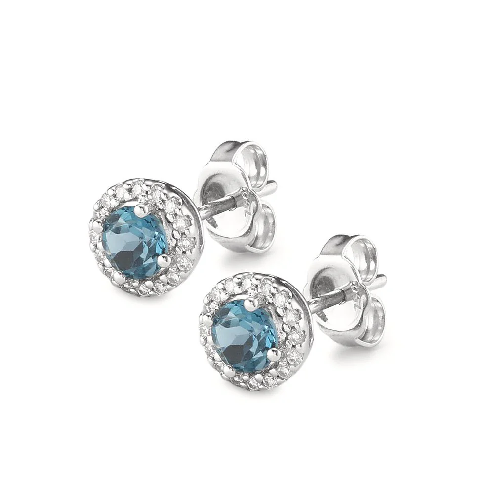 Orecchini a bottone Oro bianco 750/18 carati Topazio azzurro di Londra 2 pietra, Diamante 0.12 ct, 16 pietra, [Brillant], w-si Ø6.5 mm - Image 2