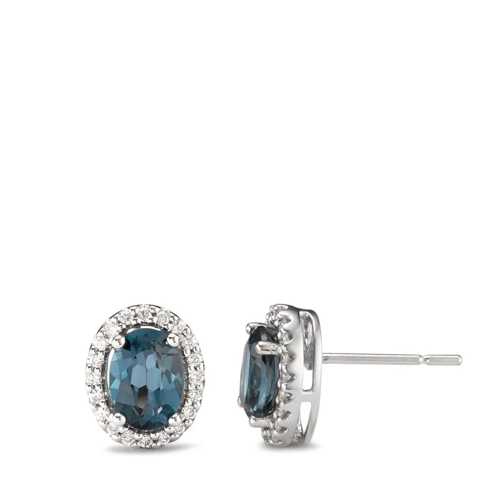 Orecchini a bottone Oro bianco 750/18 carati Topazio azzurro di Londra blu, 2 pietra, [oval], Diamante bianco, 0.20 ct, w-si