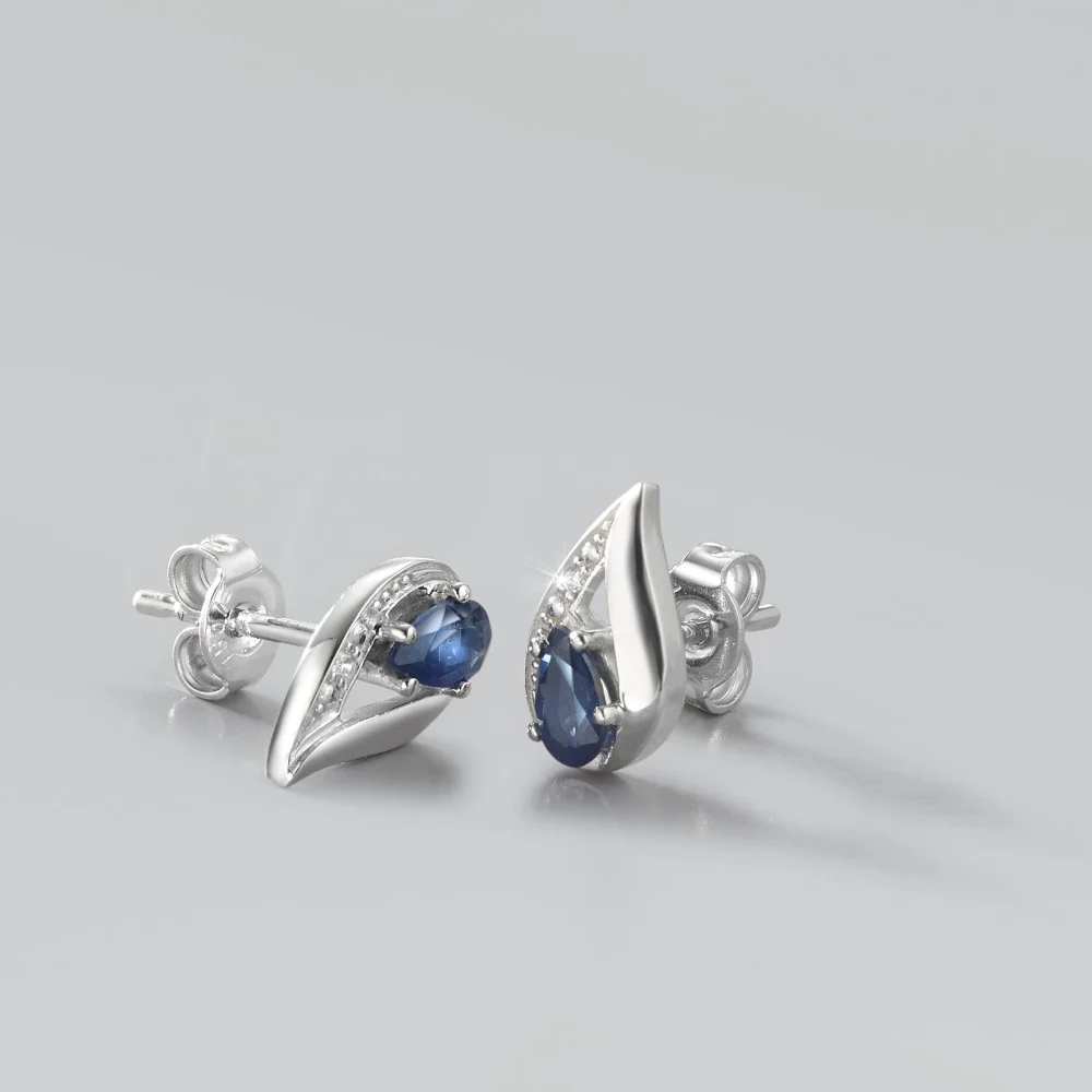 Orecchini a bottone Oro bianco 750/18 carati Zaffiro blu, 2 pietra, [Tropfen], Diamante bianco, 0.01 ct, w-pi1 - Image 2