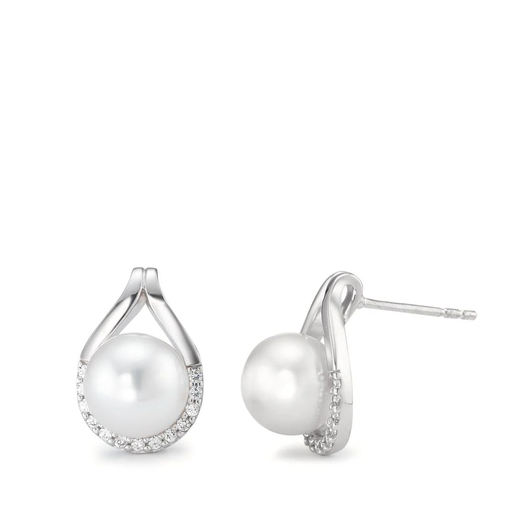 Orecchini a bottone Oro bianco 750/18 carati Zirconia 26 pietra Perla coltivata d'acqua dolce bianco, 2 Perla, 7.5 mm