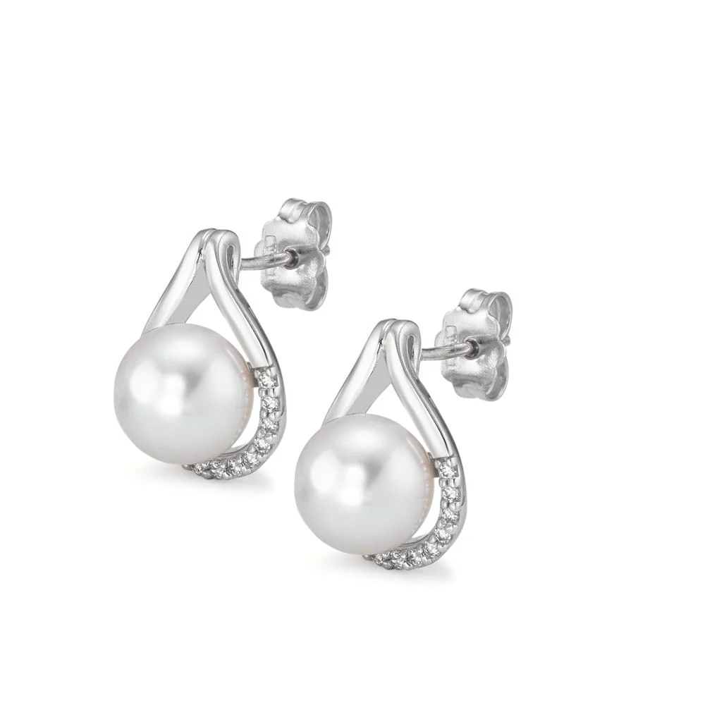 Orecchini a bottone Oro bianco 750/18 carati Zirconia 26 pietra Perla coltivata d'acqua dolce bianco, 2 Perla, 7.5 mm - Image 2