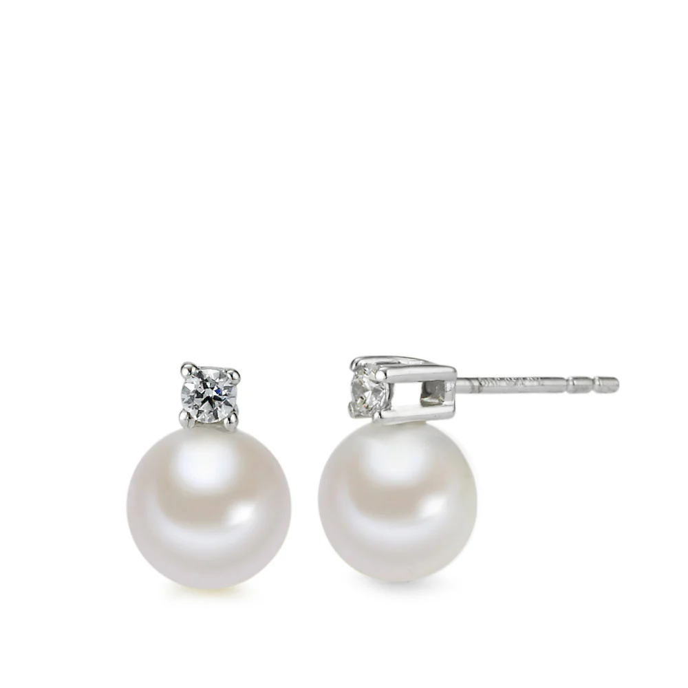 Orecchini a bottone Oro bianco 750/18 carati Zirconia bianco, 2 pietra Perla coltivata d'acqua dolce bianco, 2 Perla, 7 mm