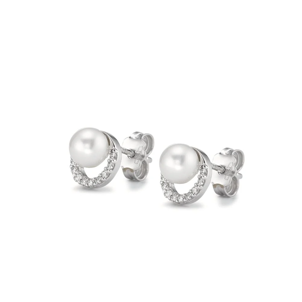 Orecchini a bottone Oro bianco 750/18 carati Zirconia Perla coltivata d'acqua dolce bianco, 2 Perla, 5 mm Ø7.5 mm - Image 2