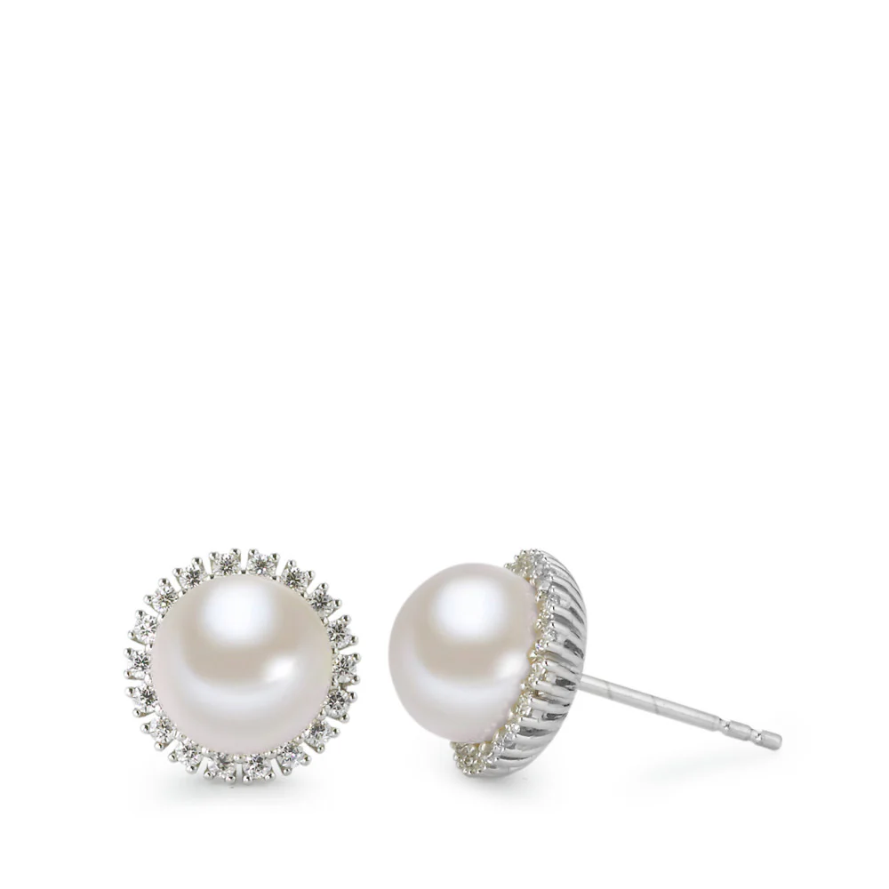 Orecchini a bottone Oro bianco 750/18 carati Zirconia Perla coltivata d'acqua dolce bianco, 2 Perla, 8 mm