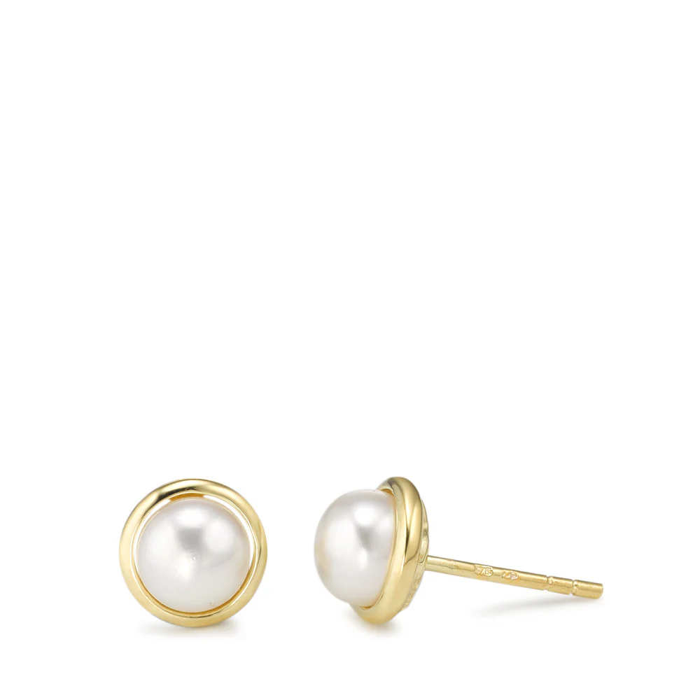 Orecchini a bottone Oro giallo 375/9K Perla coltivata d'acqua dolce bianco, 2 Perla, 6 mm Ø8 mm
