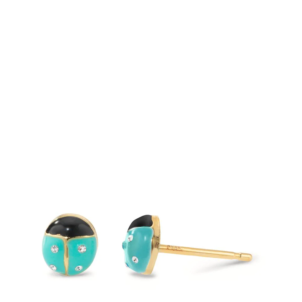 Orecchini a bottone Oro giallo 375/9K, Silicone Zirconia smaltato Coccinella Ø5.5 mm