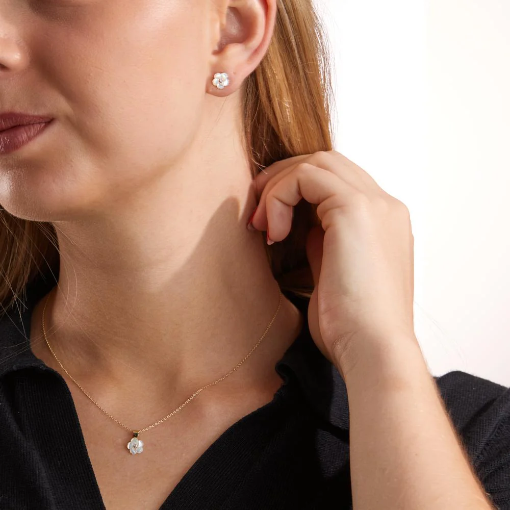 Orecchini a bottone Oro giallo 375/9K Zirconia Madreperla bianco Fiore Ø8 mm - Image 3