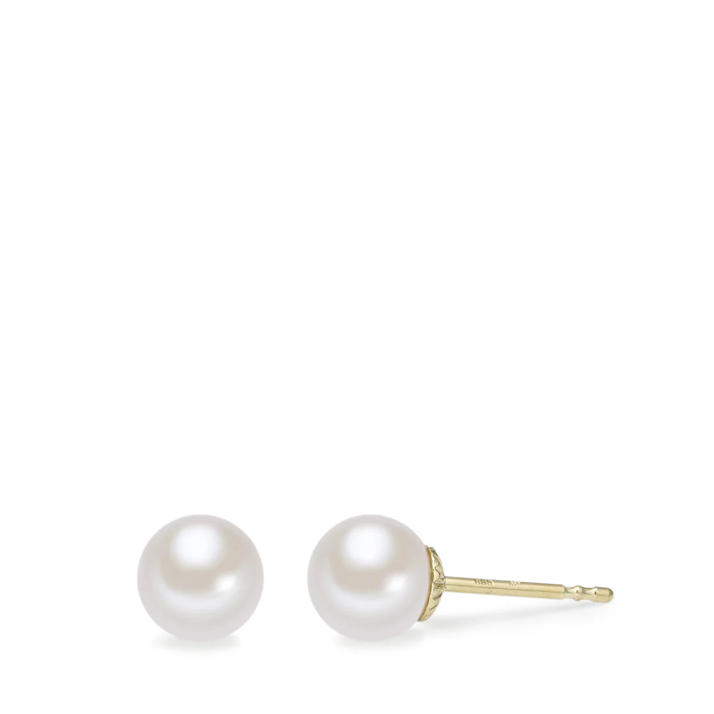 Orecchini a bottone Oro giallo 585/14 kt Perla coltivata d'acqua dolce bianco, 2 Perla, 6.5 mm