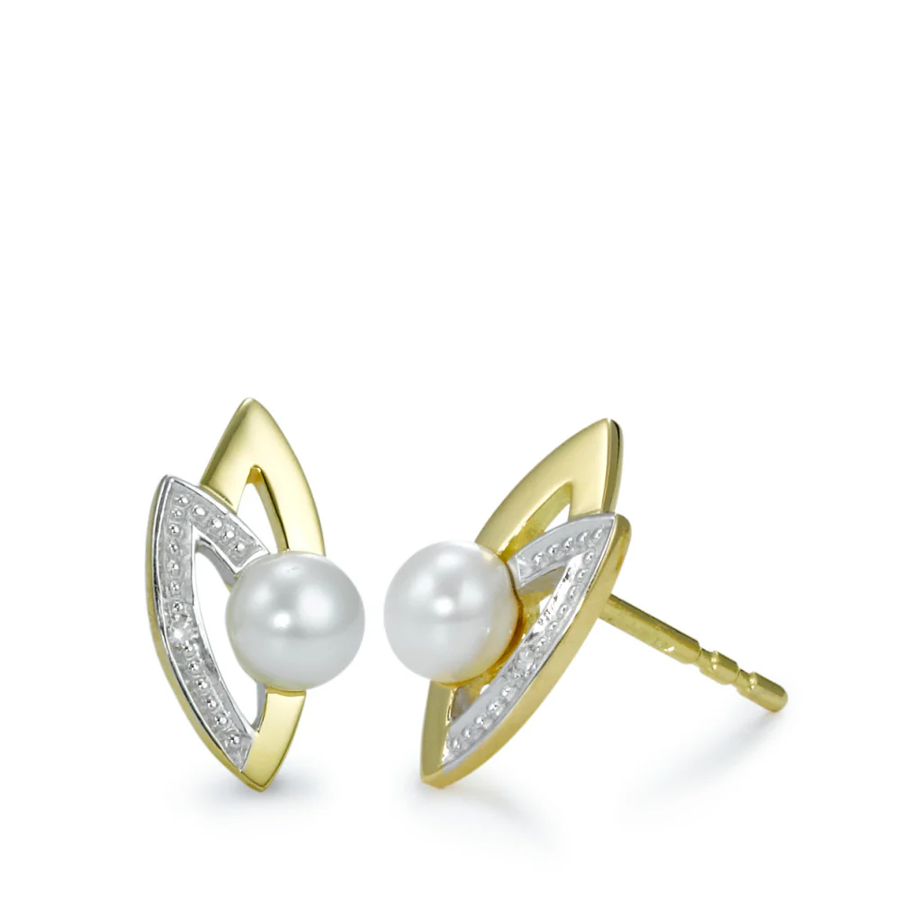 Orecchini a bottone Oro giallo 750/18 carati Diamante 0.01 ct, 2 pietra, [Brillant], w-pi1 Perla coltivata d'acqua dolce bianco, 2 Perla, 4.5 mm