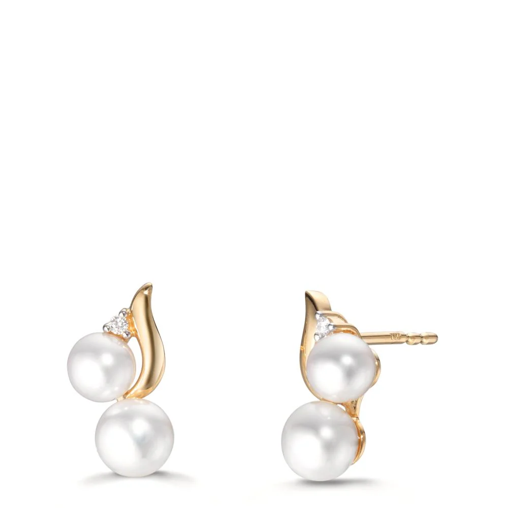 Orecchini a bottone Oro giallo 750/18 carati Diamante 0.015 ct, 2 pietra, w-si Perla coltivata d'acqua dolce, 2 Perla 4.5-5 mm