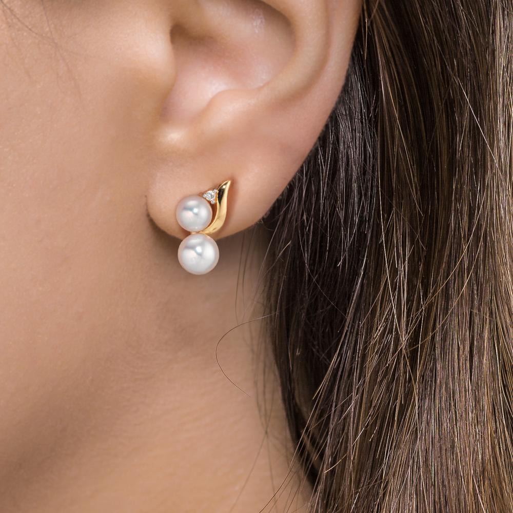 Orecchini a bottone Oro giallo 750/18 carati Diamante 0.015 ct, 2 pietra, w-si Perla coltivata d'acqua dolce, 2 Perla 4.5-5 mm - Image 3
