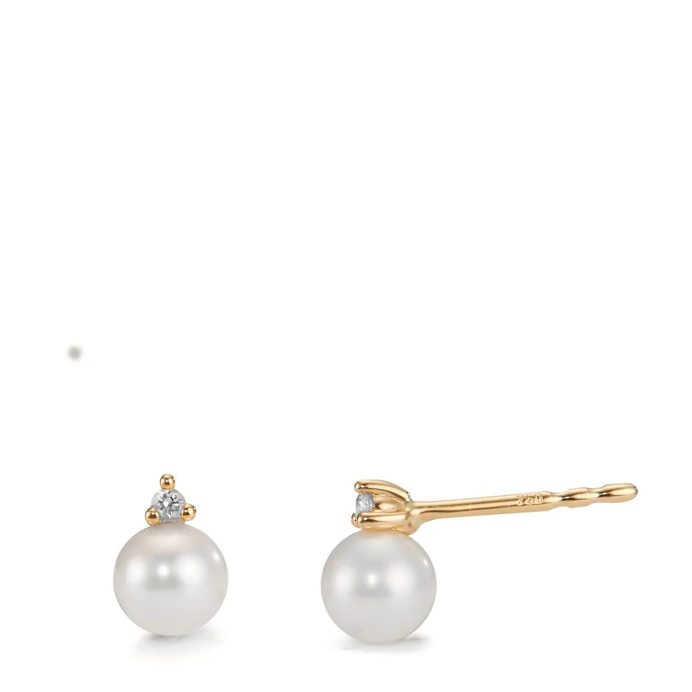 Orecchini a bottone Oro giallo 750/18 carati Diamante 0.02 ct, 2 pietra, w-pi1 Perla coltivata d'acqua dolce bianco, 2 Perla, 4.5 mm