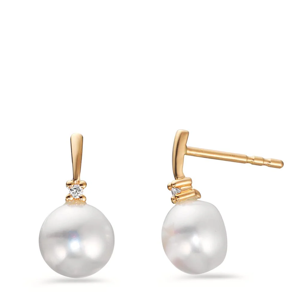 Orecchini a bottone Oro giallo 750/18 carati Diamante 0.02 ct, 2 pietra, w-pi1 Perla coltivata d'acqua dolce bianco, 2 Perla, 7 mm