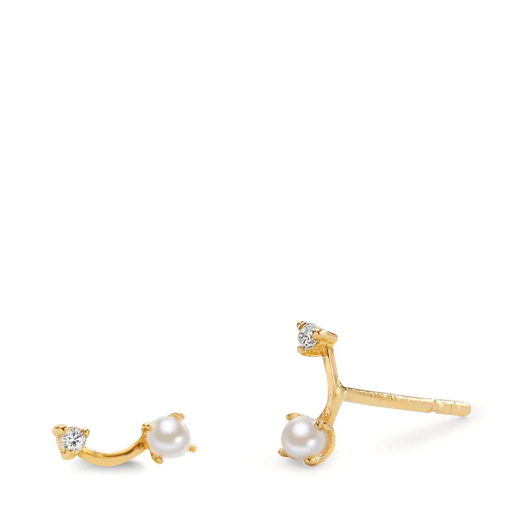 Orecchini a bottone Oro giallo 750/18 carati Diamante 0.02 ct, 2 pietra, w-si Perla coltivata d'acqua dolce bianco, 2 Perla, 2 mm
