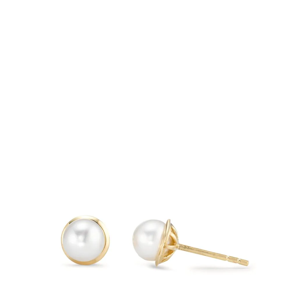 Orecchini a bottone Oro giallo 750/18 carati Perla coltivata d'acqua dolce bianco, 2 Perla, 5.5 mm Ø6.5 mm