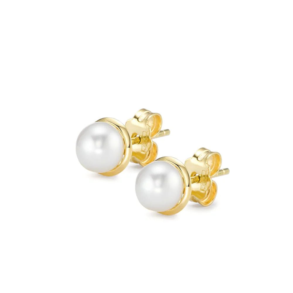 Orecchini a bottone Oro giallo 750/18 carati Perla coltivata d'acqua dolce bianco, 2 Perla, 5.5 mm Ø6.5 mm - Image 2