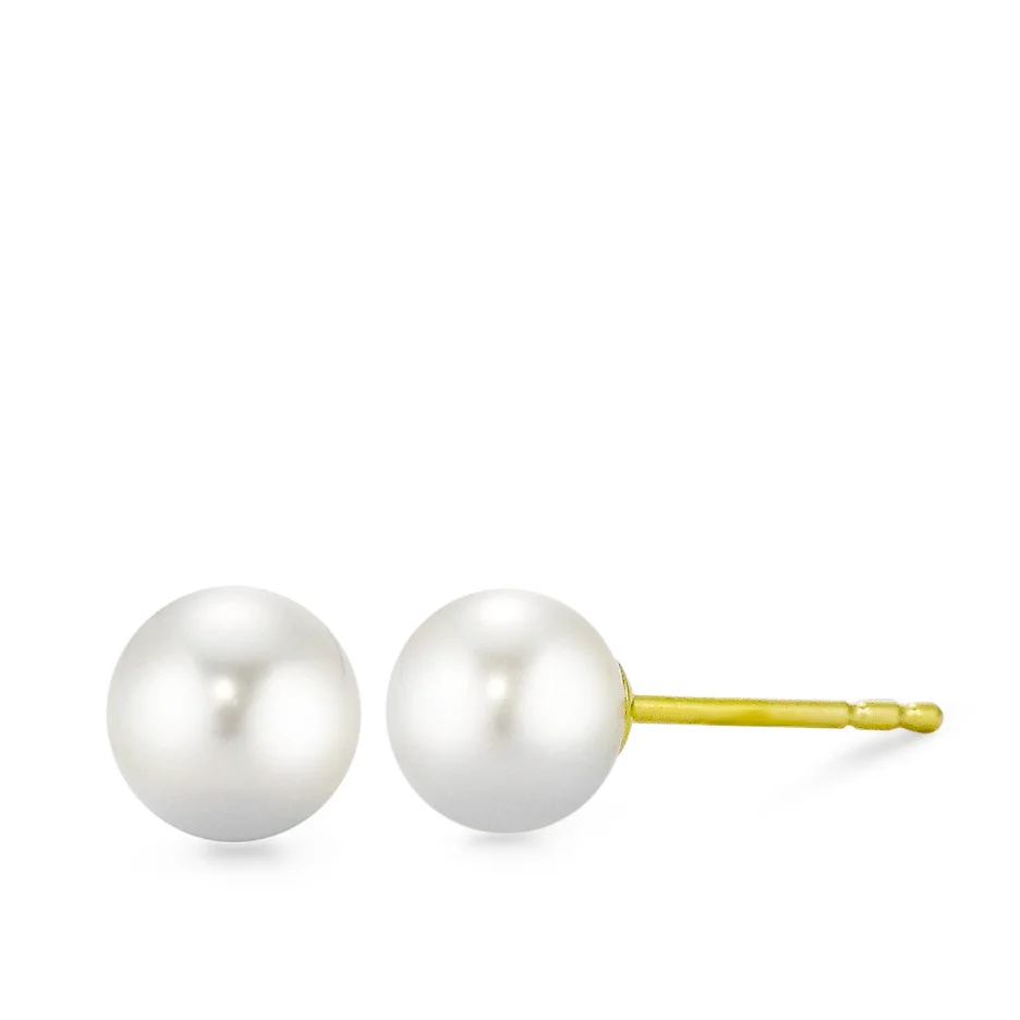 Orecchini a bottone Oro giallo 750/18 carati Perla coltivata d'acqua dolce bianco, 2 Perla, 6 mm