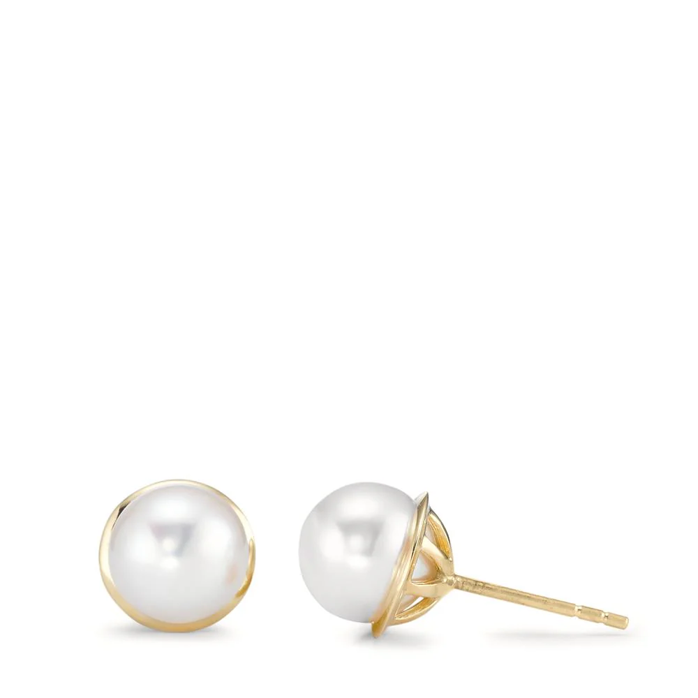 Orecchini a bottone Oro giallo 750/18 carati Perla coltivata d'acqua dolce bianco, 2 Perla, 7.5 mm Ø8.5 mm