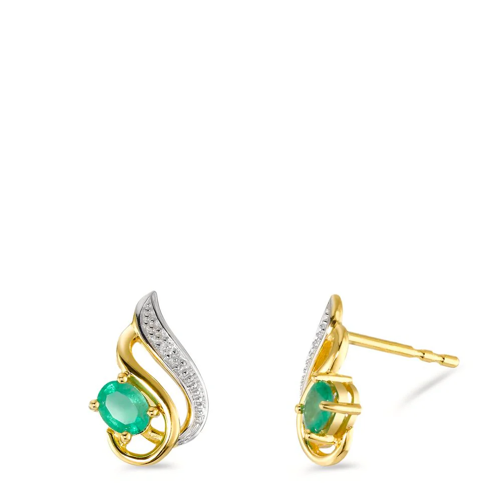 Orecchini a bottone Oro giallo 750/18 carati Smeraldo 0.01 ct, w-si, Diamante 0.01 ct, 2 pietra