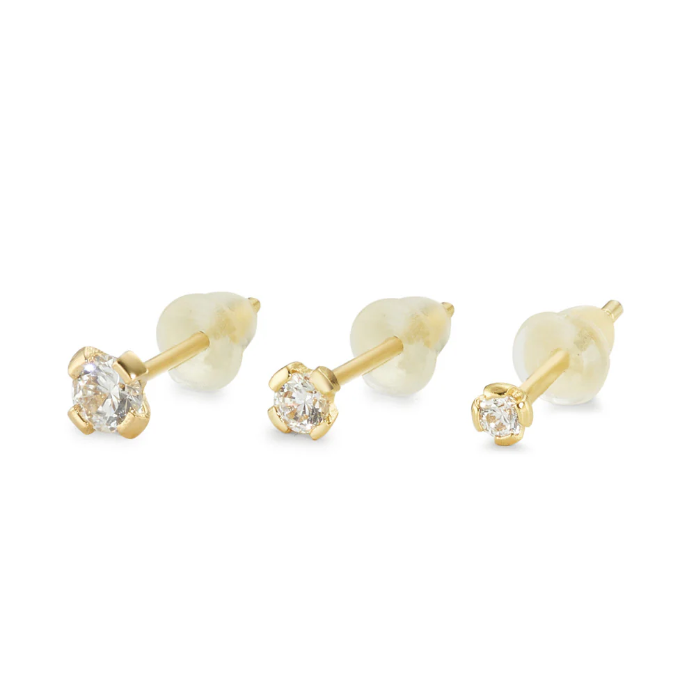 Orecchini a bottone Oro giallo 750/18 carati Zirconia bianco, 3 pietra