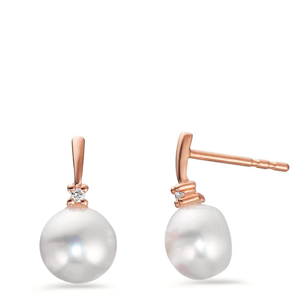 Orecchini a bottone Oro rosso 750/18 carati Diamante 0.02 ct, 2 pietra, w-pi1 Perla coltivata d'acqua dolce bianco, 2 Perla, 7 mm