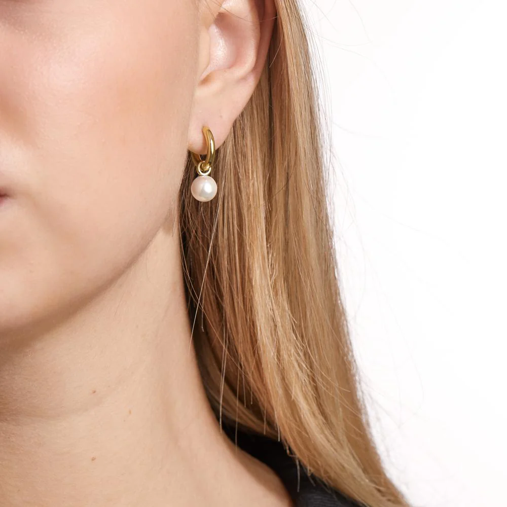 Orecchini a cerchio con pendente Acciaio inossidabile giallo rivestimento IP Perla di conchiglia bianco, 2 Perla, 8 mm - Image 4