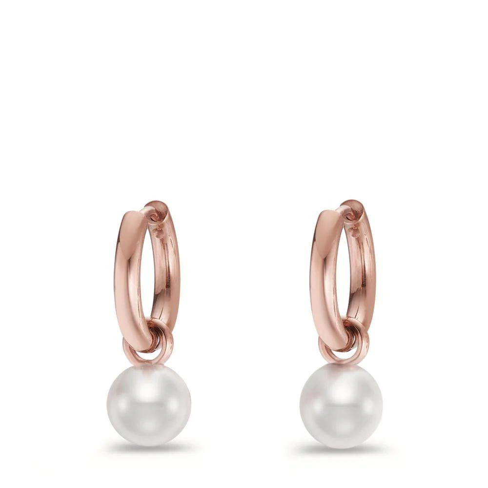 Orecchini a cerchio con pendente Acciaio inossidabile rosa rivestimento IP Perla di conchiglia bianco, 2 Perla, 8 mm - Image 2