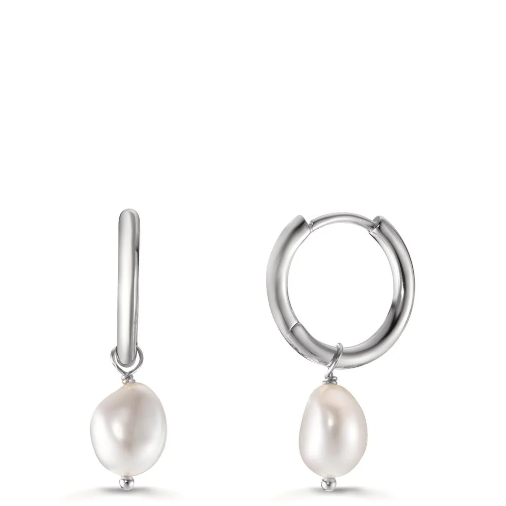 Orecchini a cerchio con pendente Argento rodiato Perla coltivata d'acqua dolce, 6.5 mm