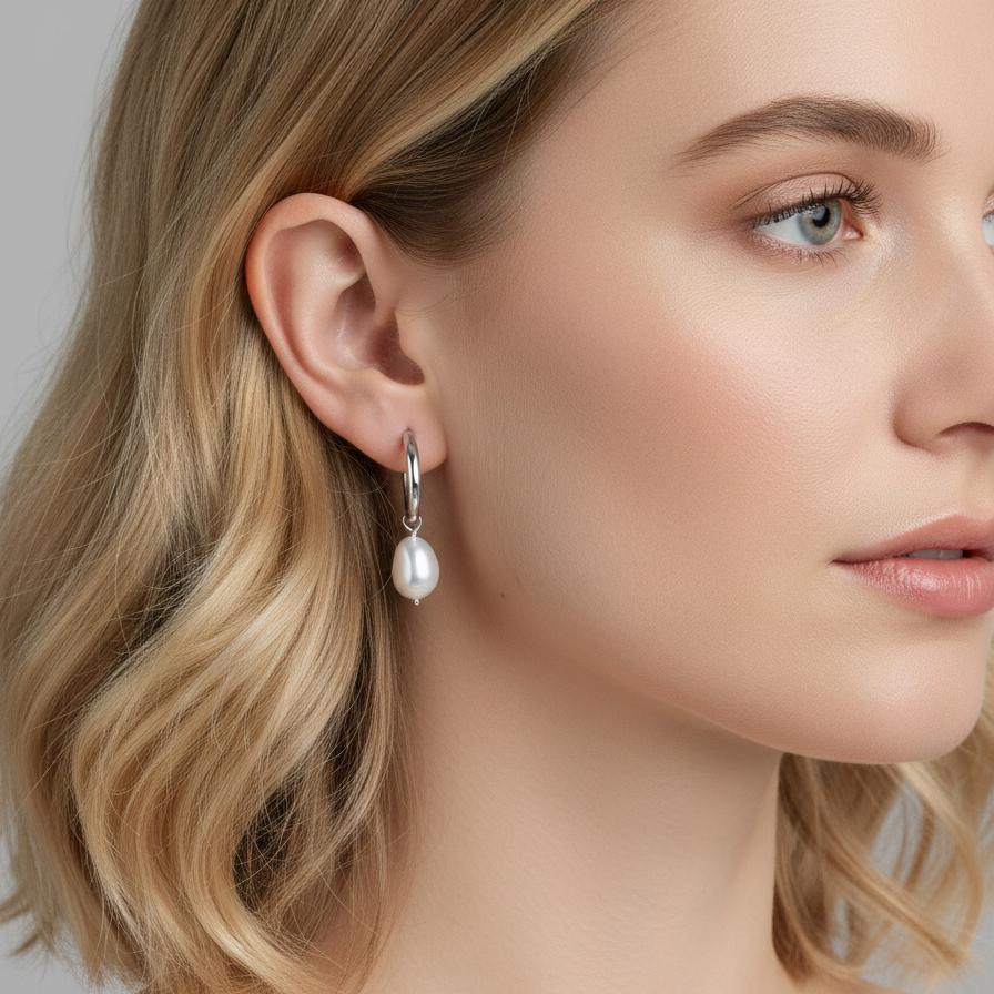 Orecchini a cerchio con pendente Argento rodiato Perla coltivata d'acqua dolce, 6.5 mm - Image 2