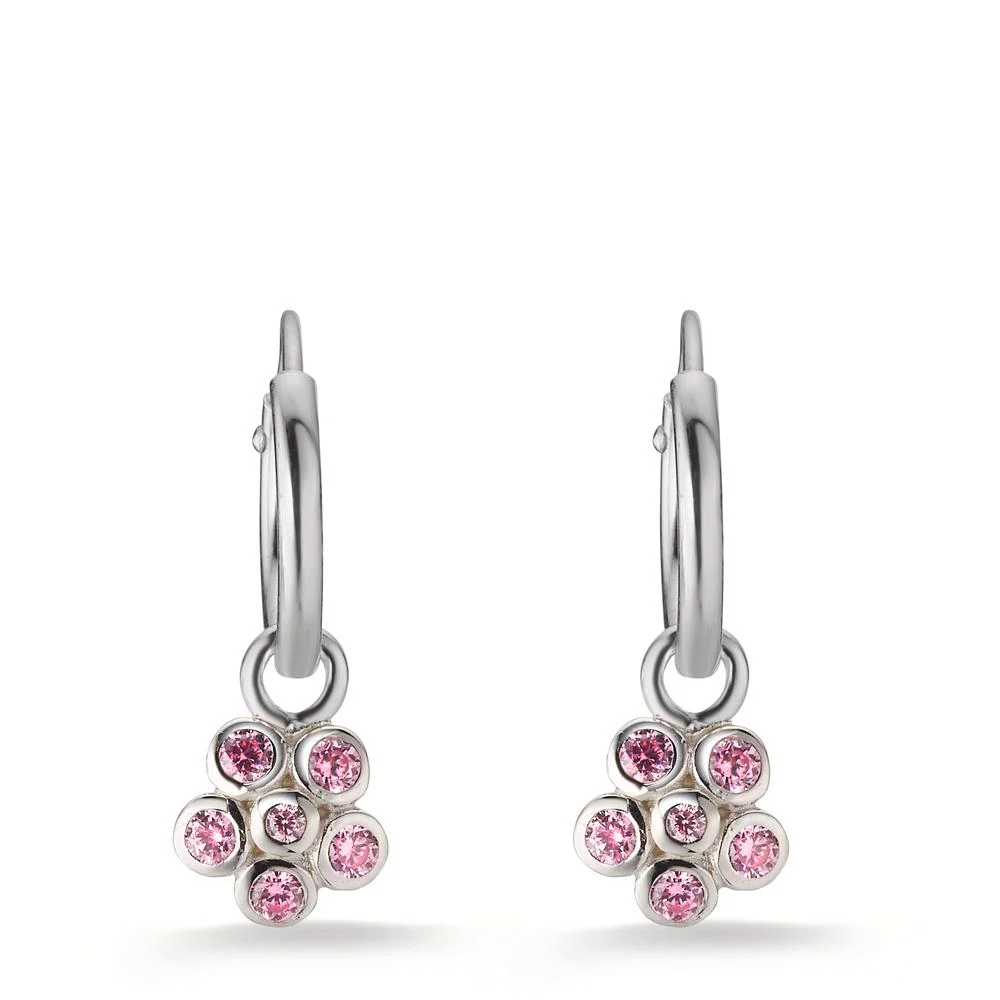 Orecchini a cerchio con pendente Argento Zirconia rosa, 12 pietra rodiato Fiore Ø6 mm - Image 2