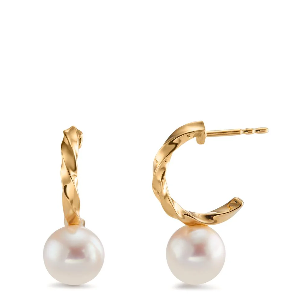 Orecchini a cerchio Oro giallo 750/18 carati Perla coltivata d'acqua dolce bianco, 2 Perla, 7.5 mm