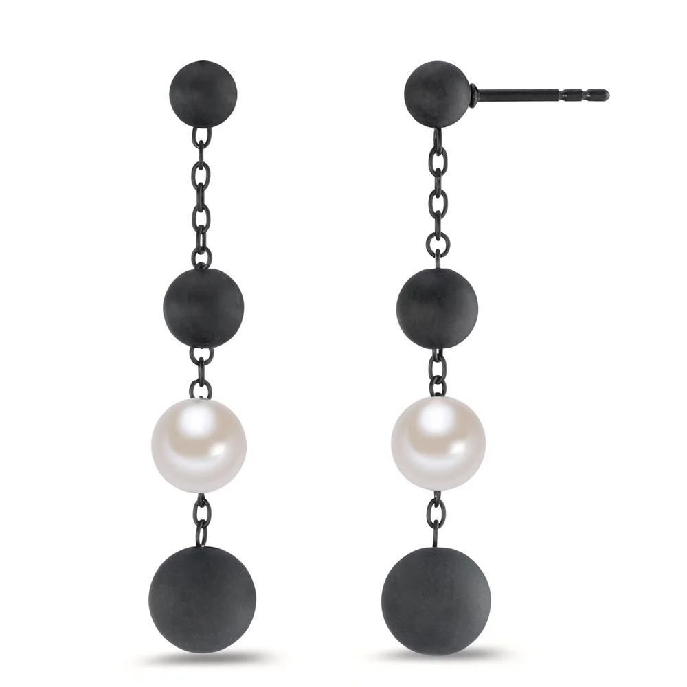 Orecchini Acciaio inossidabile, Carbonio nero rivestimento IP Perla di conchiglia bianco, 2 Perla, 7 mm Ø8 mm