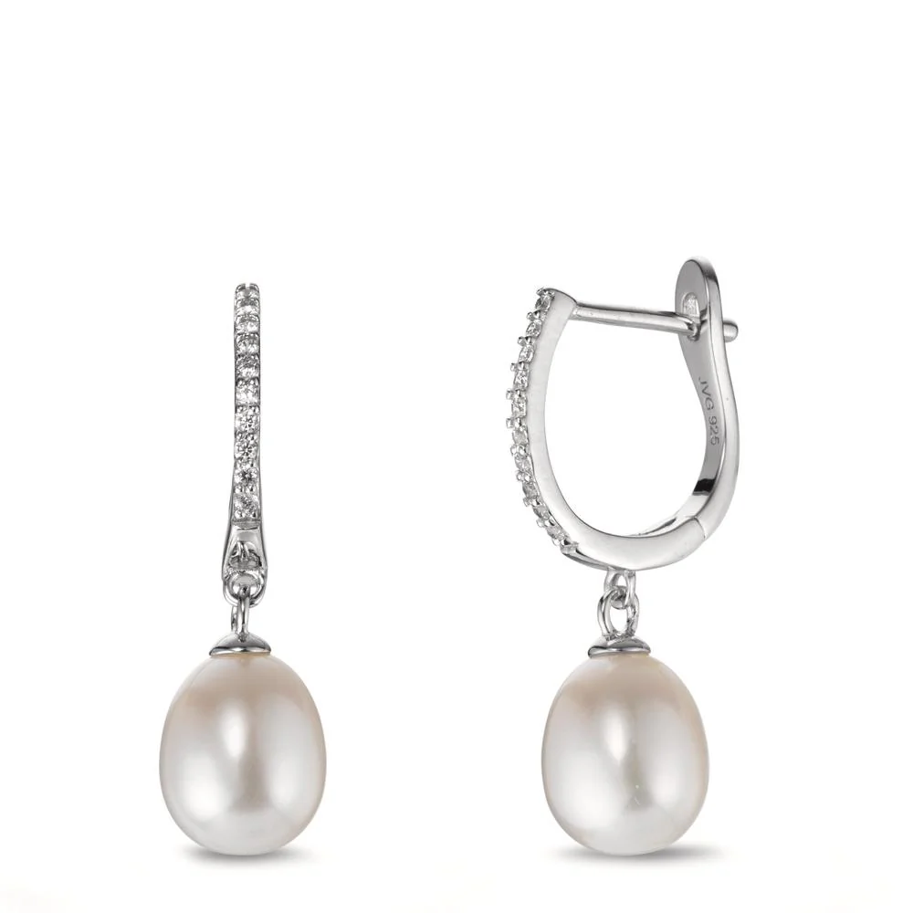 Orecchini circolari Argento Zirconia 20 pietra rodiato Perla coltivata d'acqua dolce, 2 Perla 7-7.5 mm